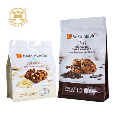 Borsa di imballaggio per biscotti a fondo piatto su misura Borsa di imballaggio per cioccolato a chiusura con cerniera