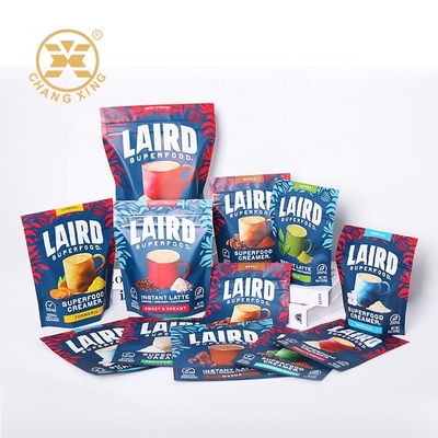 Sacchetti con zip in alluminio laminato per alimenti con stampa multicolore, buste stand-up con design personalizzato per alimenti in polvere per bevande istantanee